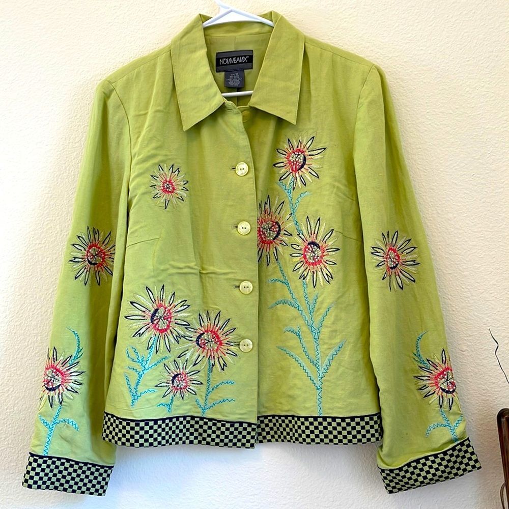 Nouveaux Vintage Linen Floral Embroidered Beaded Blazer Jacket 10